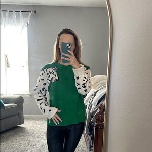 Green Sweater with Leopard Sleeves